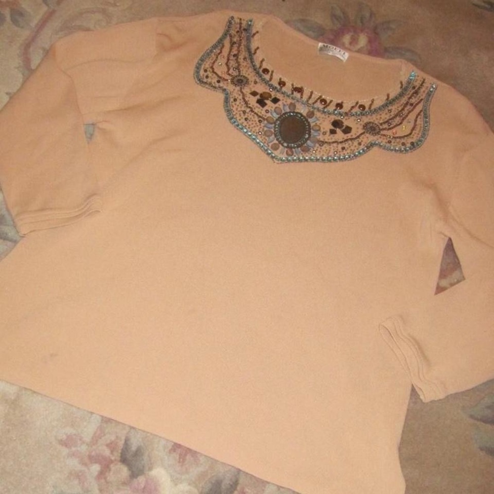 vintage tan pale orange tinted long sleeve top with beaded and sequin details